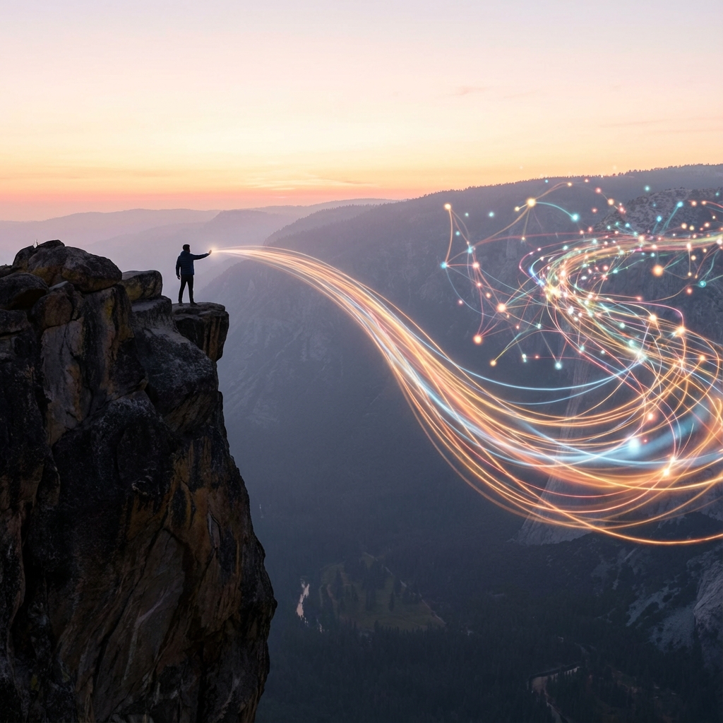 Glowing bridge of light connecting a solitary figure to a vibrant network, symbolizing hope