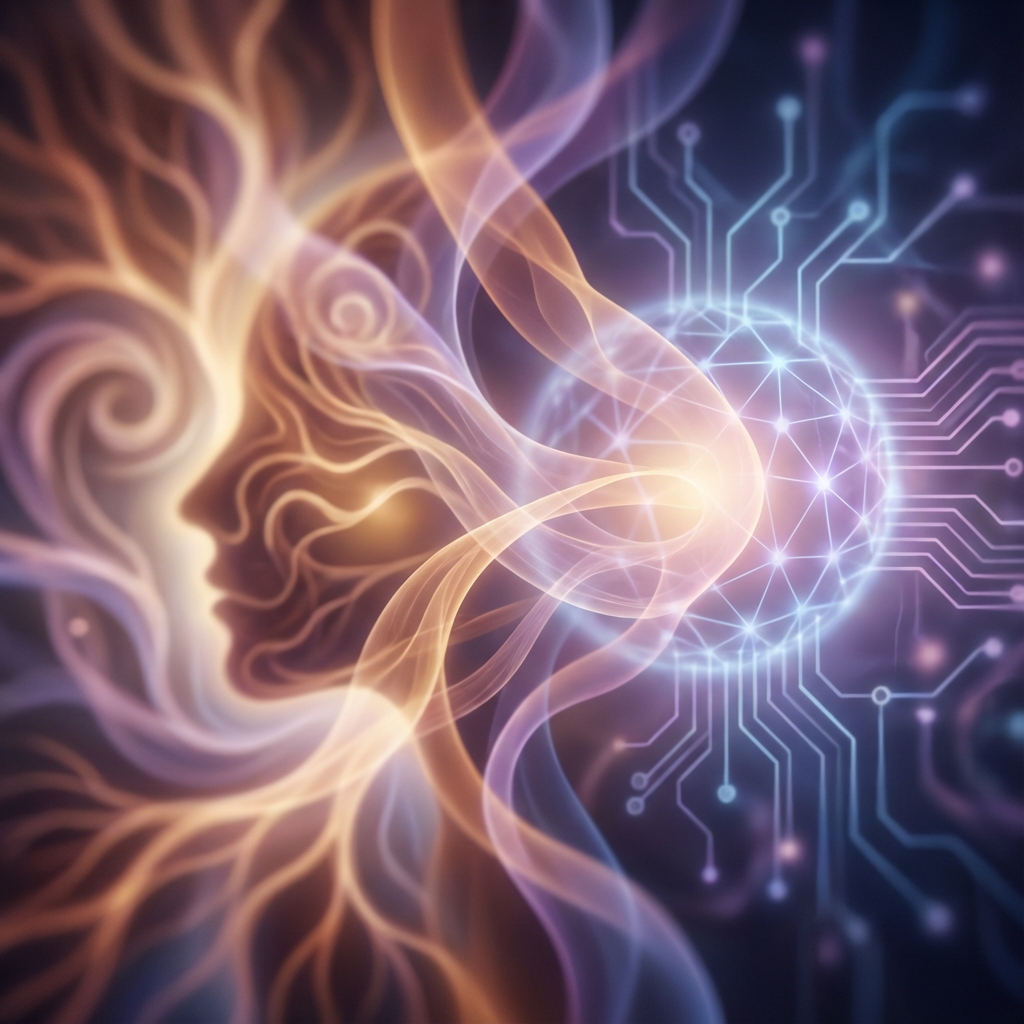 Abstract artistic representation of emotional connection between human mind and AI