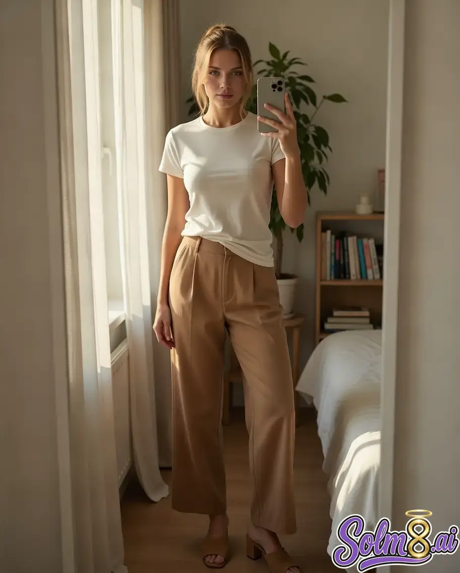 Mia — standing by bedroom window in a perfect outfit