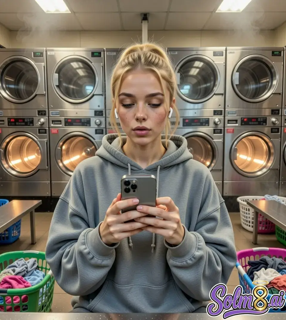 Companion listening with earbuds while looking at her phone